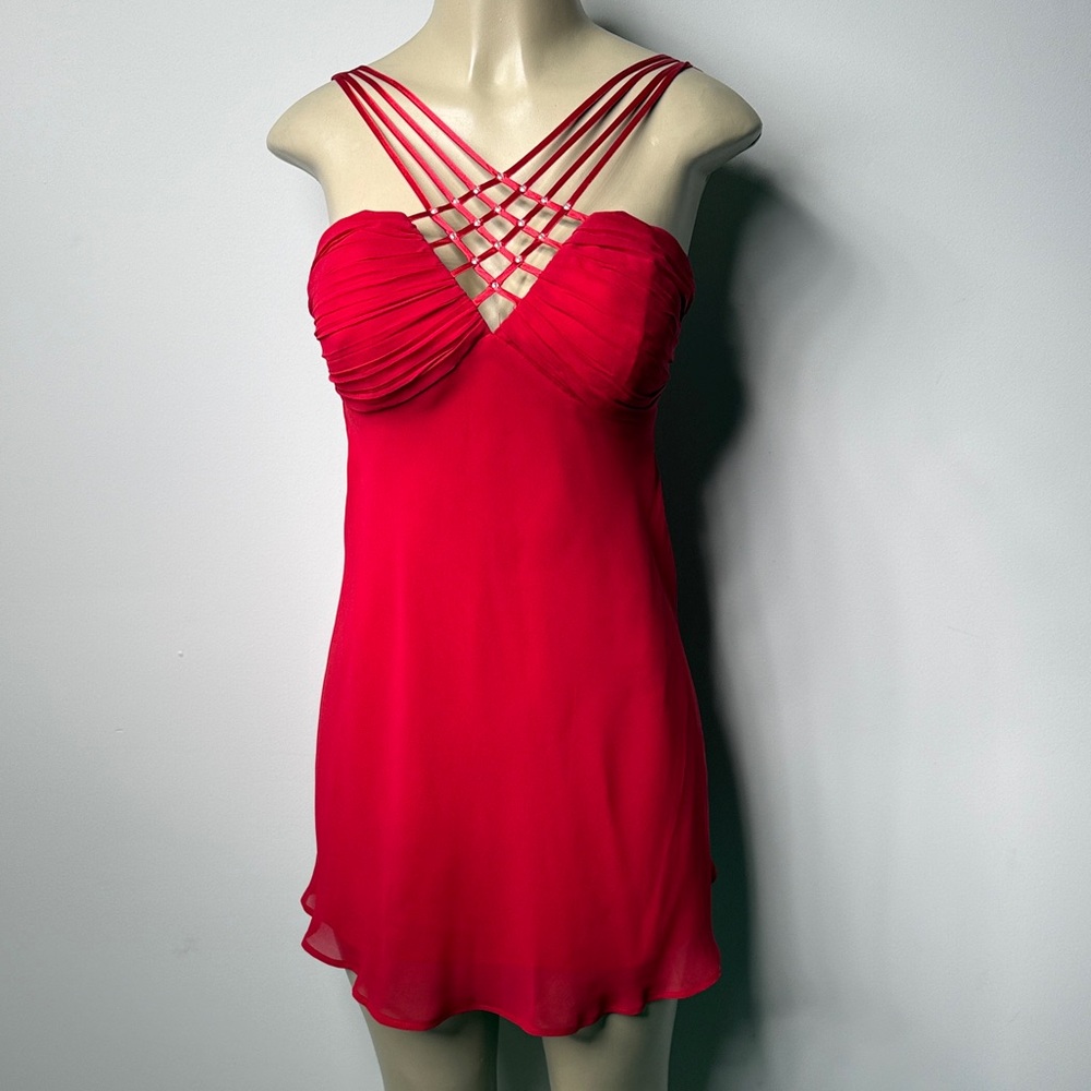 Red Strappy Mini Dress with Lattice Bodice